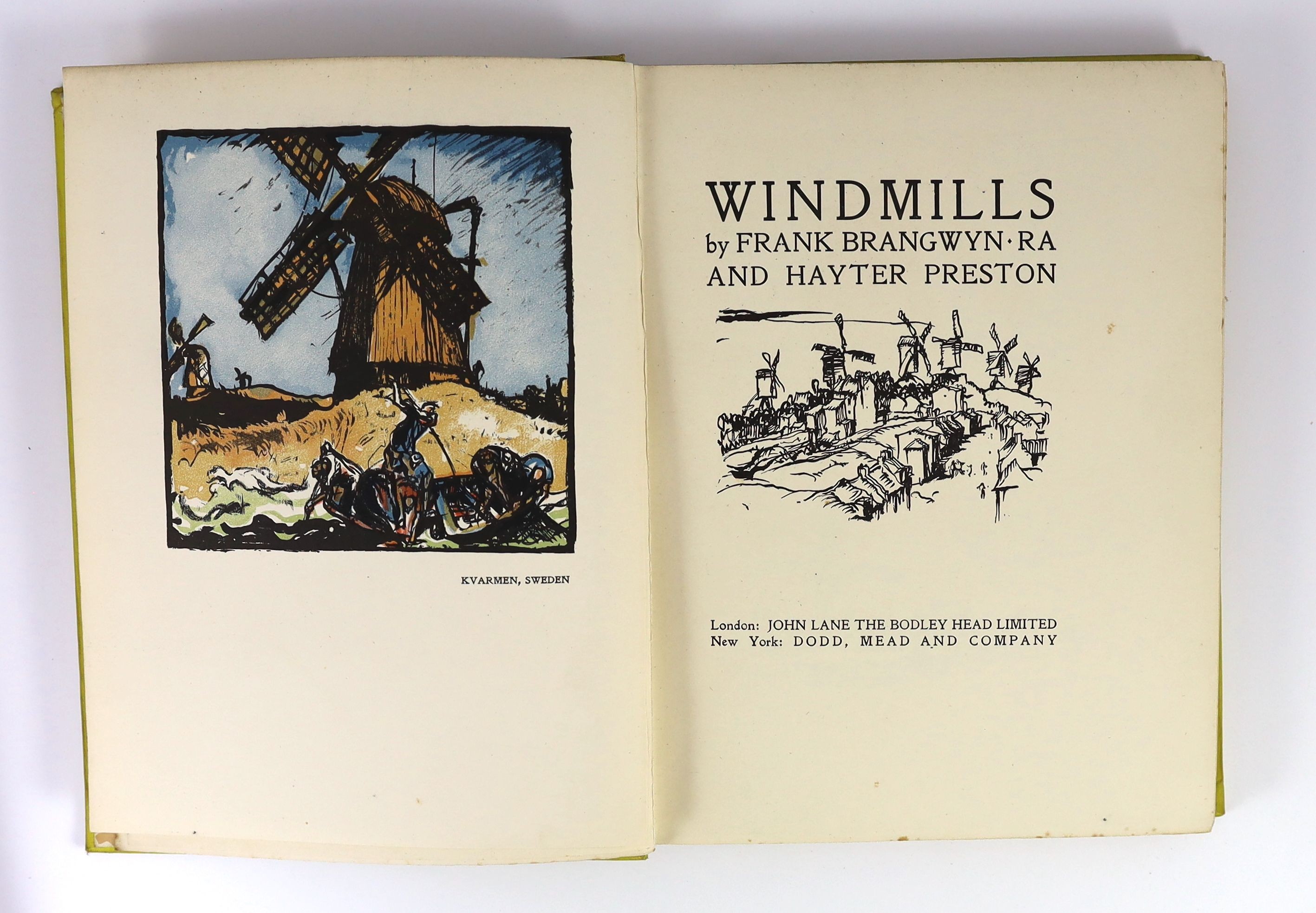 Brangwyn, Frank and Preston, Hayter - Windmills, 4to, yellow cloth, John Lane The Bodley Head, London, 1923 and Baye, Baron J. de - The Industrial Arts of the Anglo-Saxons, 4to, cloth gilt, Swan Sonnenschein, London, 189